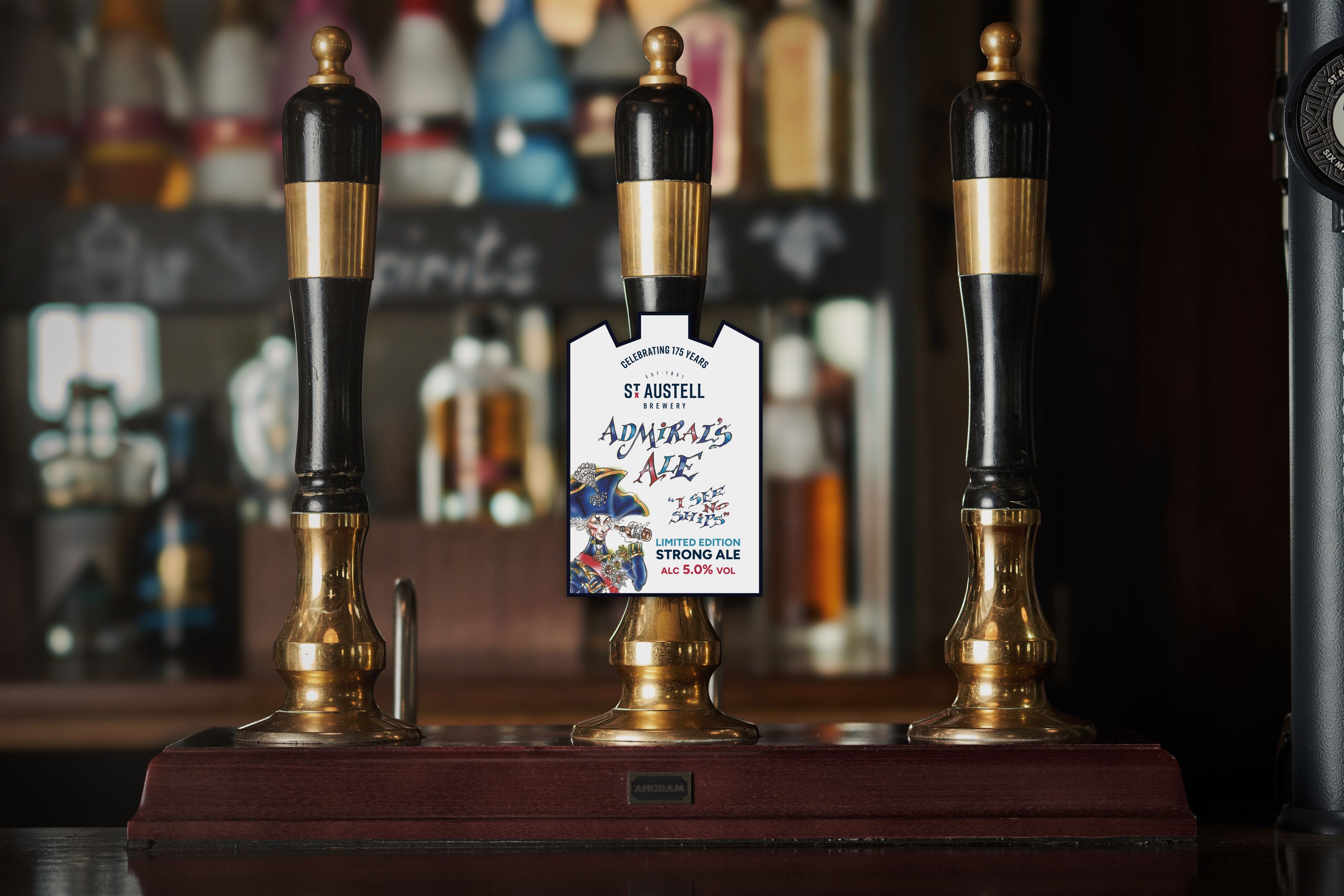 Admiral's Ale pump clip on a cask hand pull on front of a bar