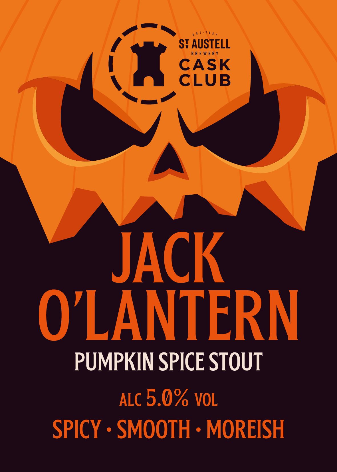 A carved pumpkin with the St Austell Brewery Cask Club logo and the words Jack O'Lantern